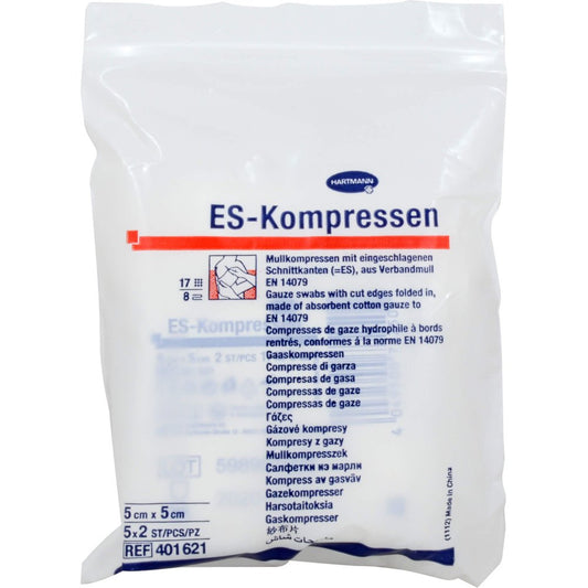 Das Produktfoto zeigt Es-Kompressen Steril 5x5 Cm 8fach (5X2 stk) PZN 00397799