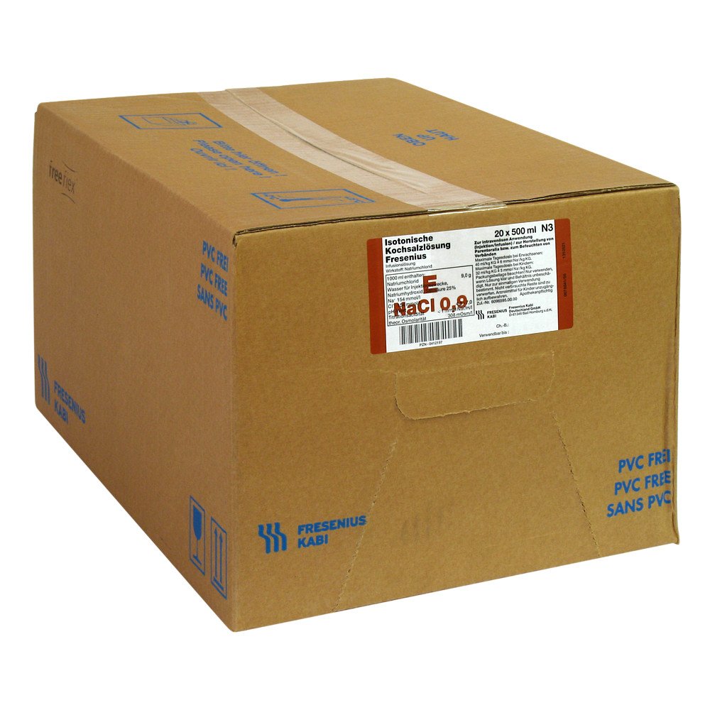 Das Produktfoto zeigt Isotonische Kochsalzlösung Fresenius Freeflex (20X500 ml) PZN 00412197