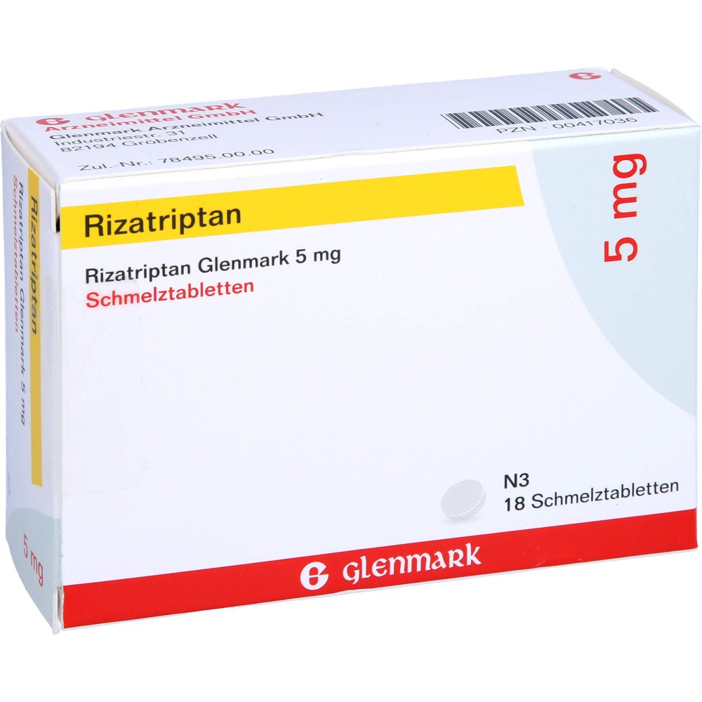 Das Produktfoto zeigt Rizatriptan Glenmark 5 Mg Schmelztabletten (18 stk) PZN 00417036