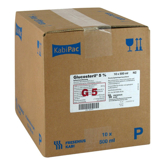 Das Produktfoto zeigt Glucosteril 5% Plastikflasche Infusionslösung (10X500 ml) PZN 00424757