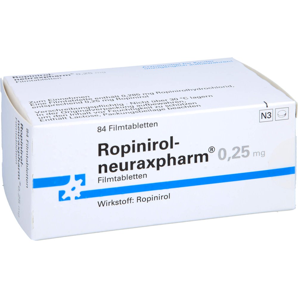 Das Produktfoto zeigt Ropinirol-Neuraxpharm 0,25 Mg Filmtabletten (84 stk) PZN 00425159