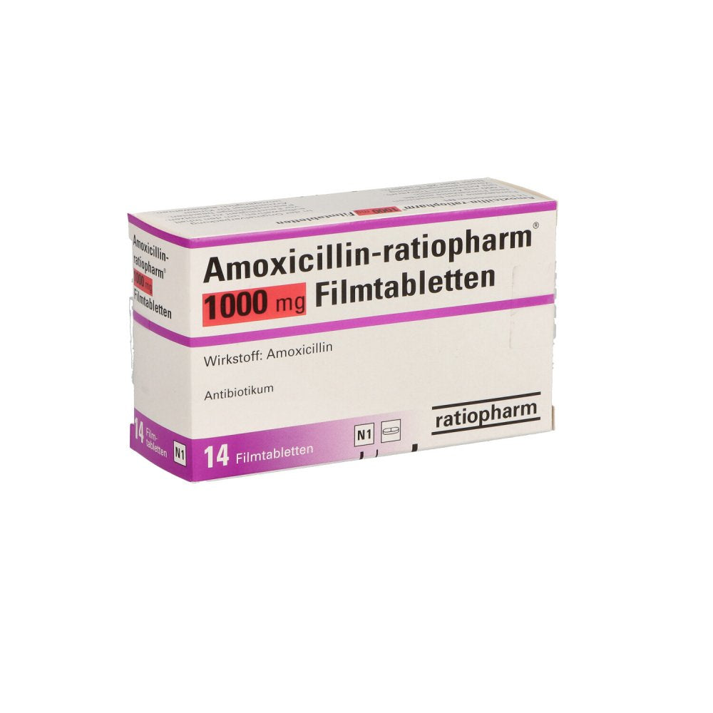 Das Produktfoto zeigt Amoxicillin-Ratiopharm 1000 Mg Filmtabletten (14 stk) PZN 00427715