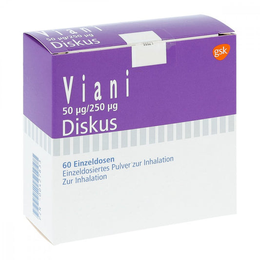 Das Produktfoto zeigt Viani 50 Μg/250 Μg Diskus Einzeldos.Inhalat.-Plv. (60 stk) PZN 00427833