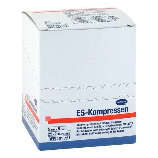 Das Produktfoto zeigt Es-Kompressen Steril 5x5 Cm 8fach (25X2 stk) PZN 00429217