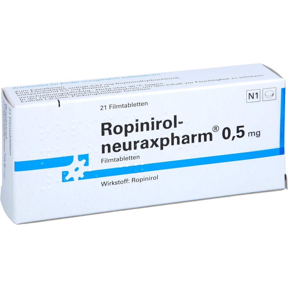 Das Produktfoto zeigt Ropinirol-Neuraxpharm 0,5 Mg Filmtabletten (21 stk) PZN 00431556