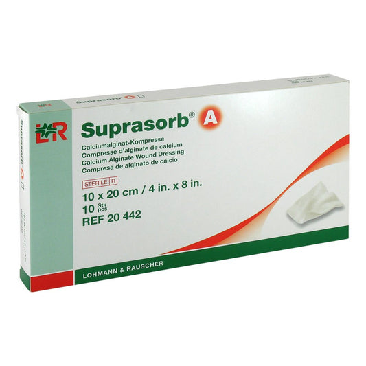 Das Produktfoto zeigt Suprasorb A Calciumalginat Kompr.10x20 Cm (10 stk) PZN 00432946