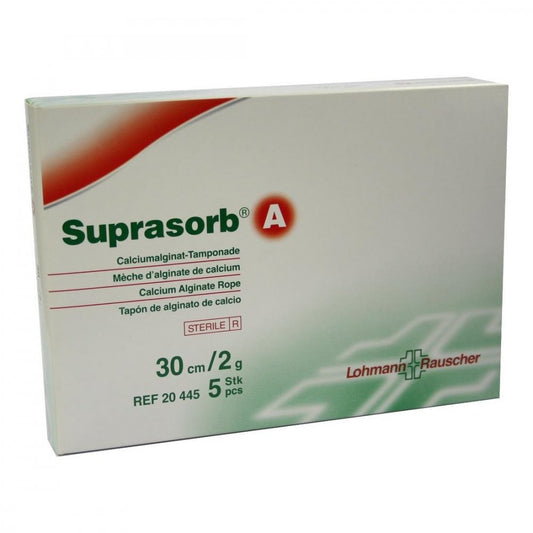 Das Produktfoto zeigt Suprasorb A Calciumalginat Tamp.30 Cm 2 G (5 stk) PZN 00432952