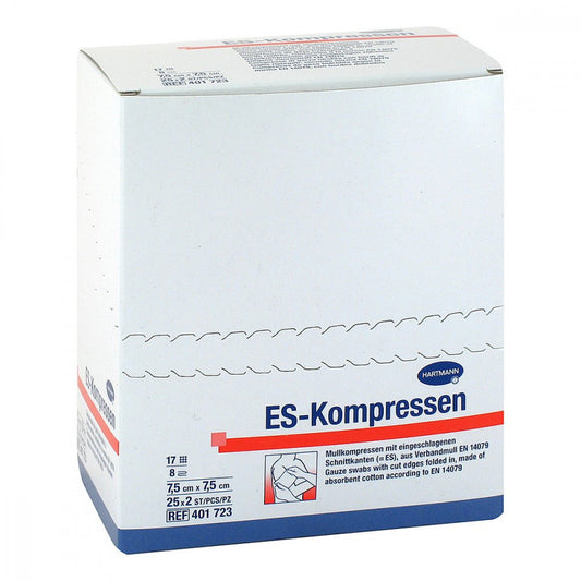 Das Produktfoto zeigt Es-Kompressen Steril 7,5x7,5 Cm 8fach (25X2 stk) PZN 00433986