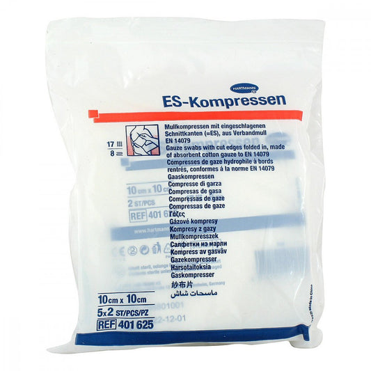Das Produktfoto zeigt Es-Kompressen Steril 10x10 Cm 8fach (5X2 stk) PZN 00434135
