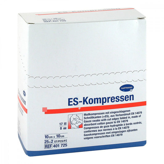Das Produktfoto zeigt Es-Kompressen Steril 10x10 Cm 8fach (25X2 stk) PZN 00434141