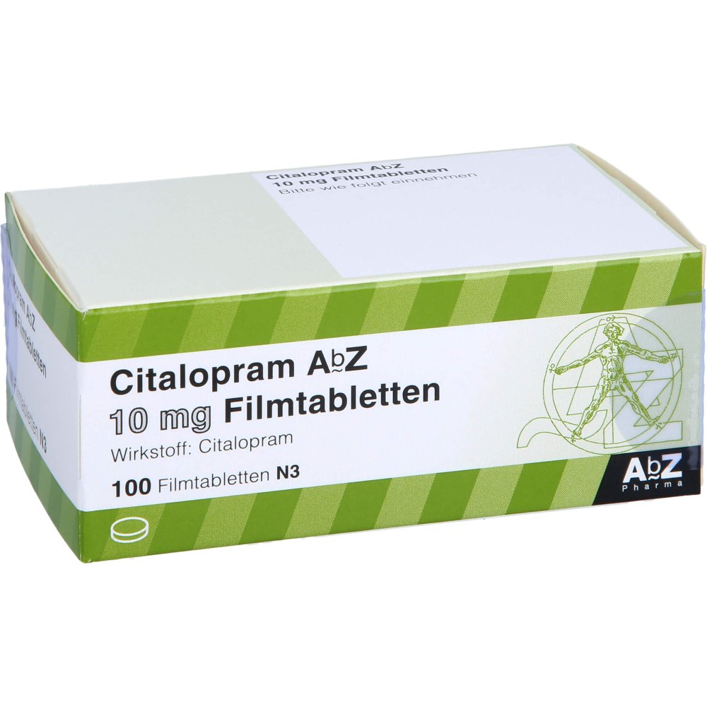 Das Produktfoto zeigt Citalopram Abz 10 Mg Filmtabletten (100 stk) PZN 00453368