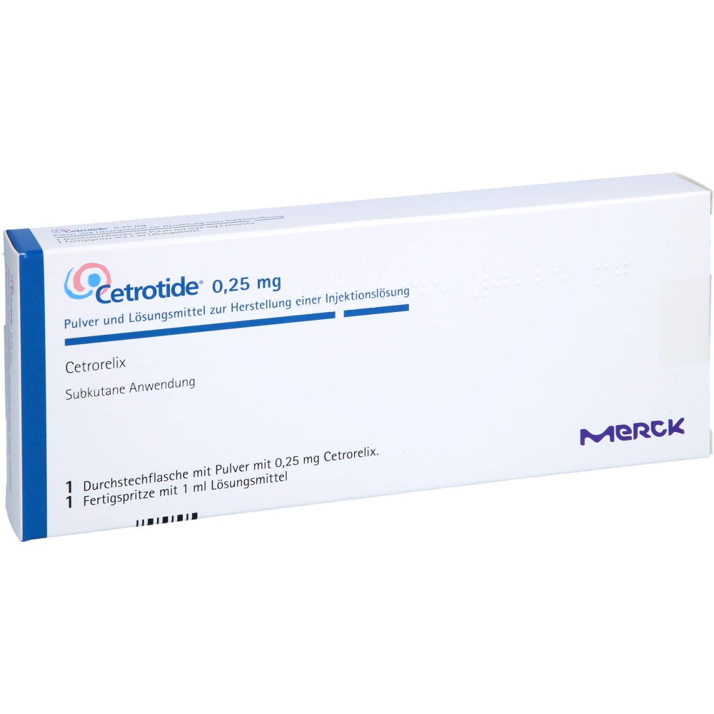 Das Produktfoto zeigt Cetrotide 0,25 Mg Plv.U.Lsm.Z.H.E.Injektionslsg. (1 stk) PZN 00453598