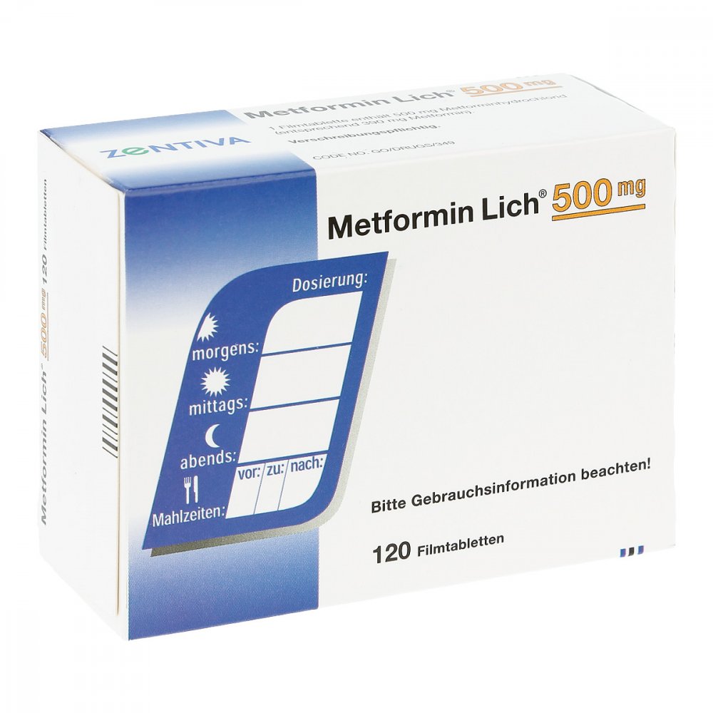 Das Produktfoto zeigt Metformin Lich 500 Mg Filmtabletten (120 stk) PZN 00454066