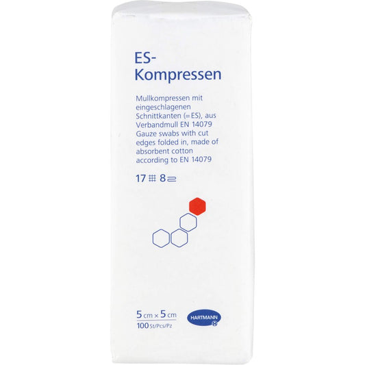 Das Produktfoto zeigt Es-Kompressen Unsteril 5x5 Cm 8fach (100 stk) PZN 00458348