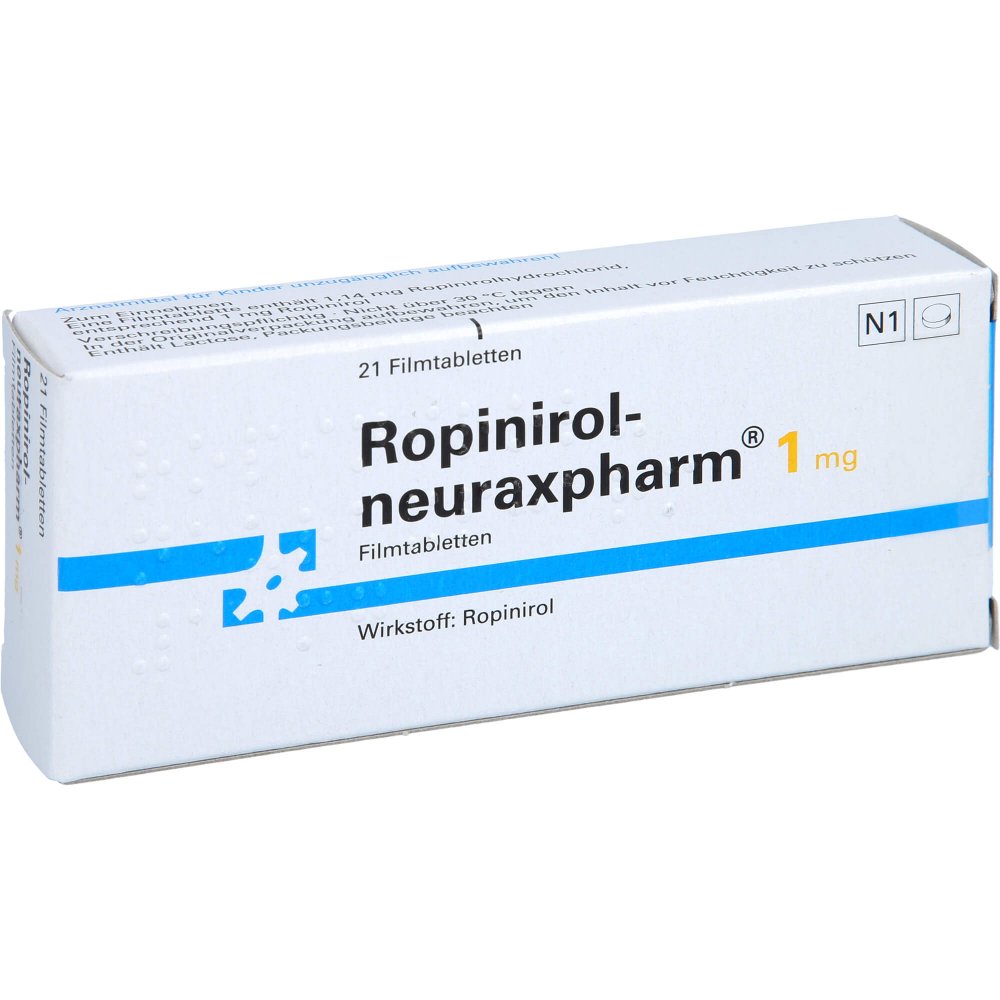 Das Produktfoto zeigt Ropinirol-Neuraxpharm 1 Mg Filmtabletten (21 stk) PZN 00462019