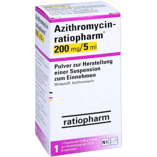Das Produktfoto zeigt Azithromycin-Ratioph.200mg/5ml Plv.Z.Susp.-Herst. (15 ml) PZN 00463740