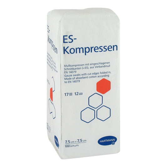 Das Produktfoto zeigt Es-Kompressen Unsteril 7,5x7,5 Cm 12fach (100 stk) PZN 00475246