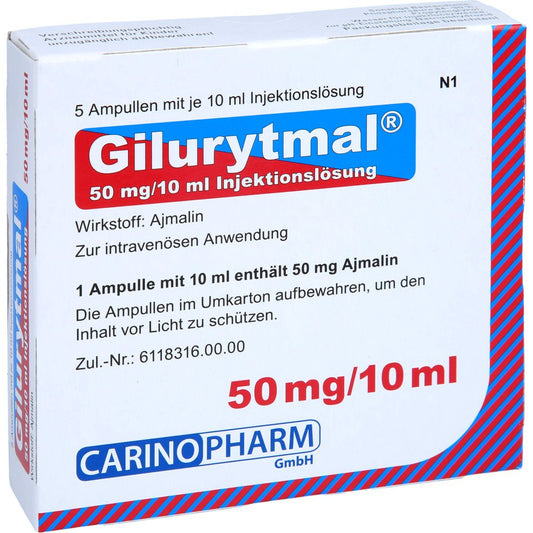 Das Produktfoto zeigt Gilurytmal 50 Mg/10 Ml Injektionslösung (5 stk) PZN 00480299