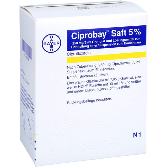 Das Produktfoto zeigt Ciprobay Saft 5% (100 ml) PZN 00497199