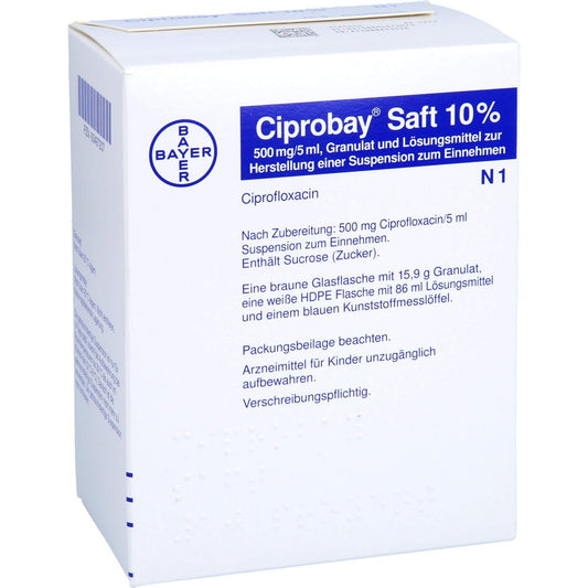 Das Produktfoto zeigt Ciprobay Saft 10% (100 ml) PZN 00497207