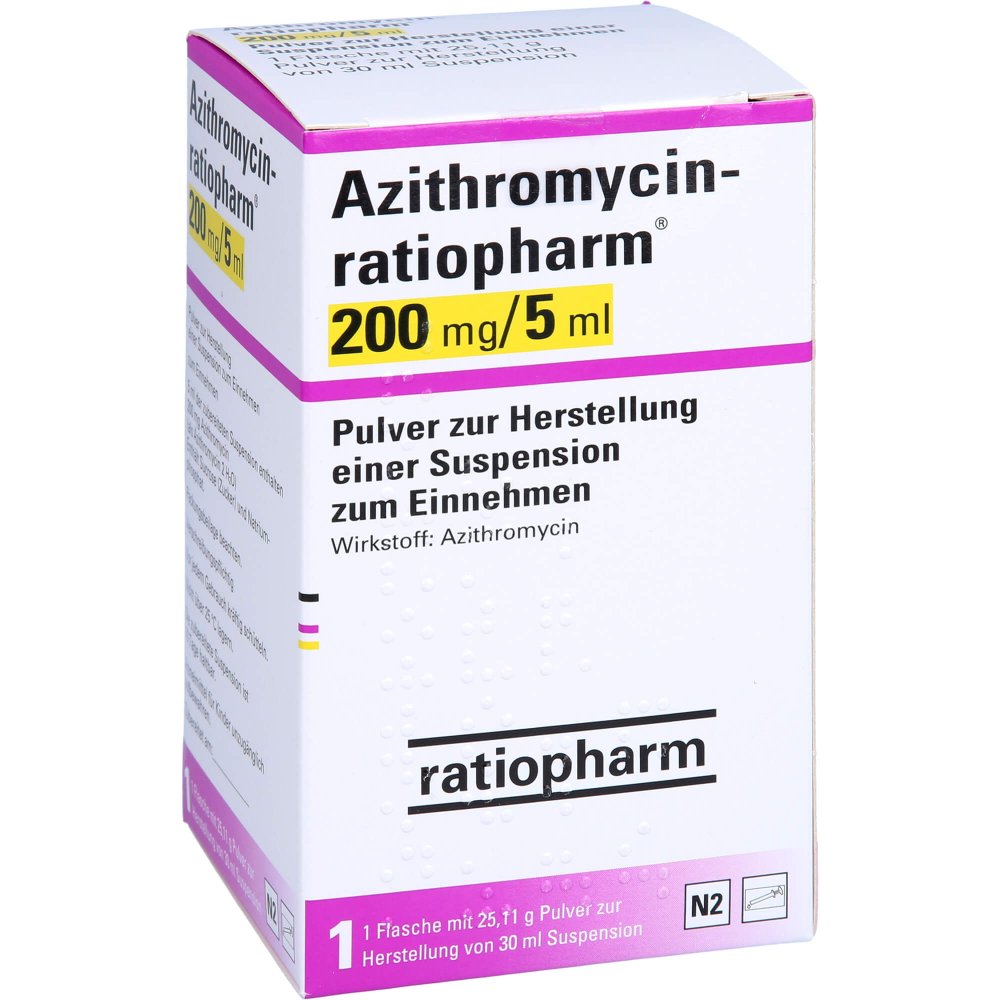 Das Produktfoto zeigt Azithromycin-Ratioph.200mg/5ml Plv.Z.Susp.-Herst. (30 ml) PZN 00507934