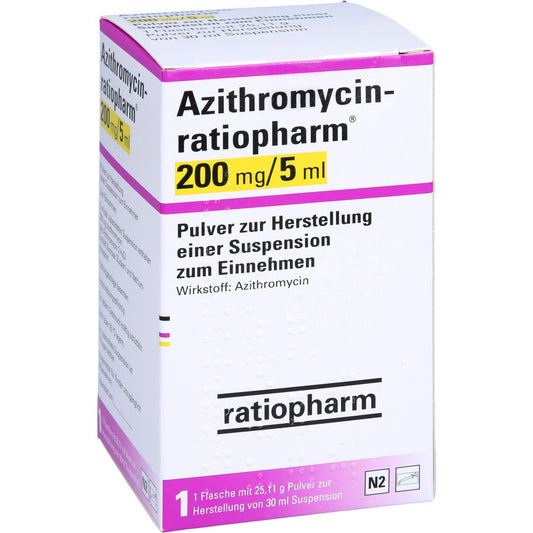 Das Produktfoto zeigt Azithromycin-Ratioph.200mg/5ml Plv.Z.Susp.-Herst. (30 ml) PZN 00507934