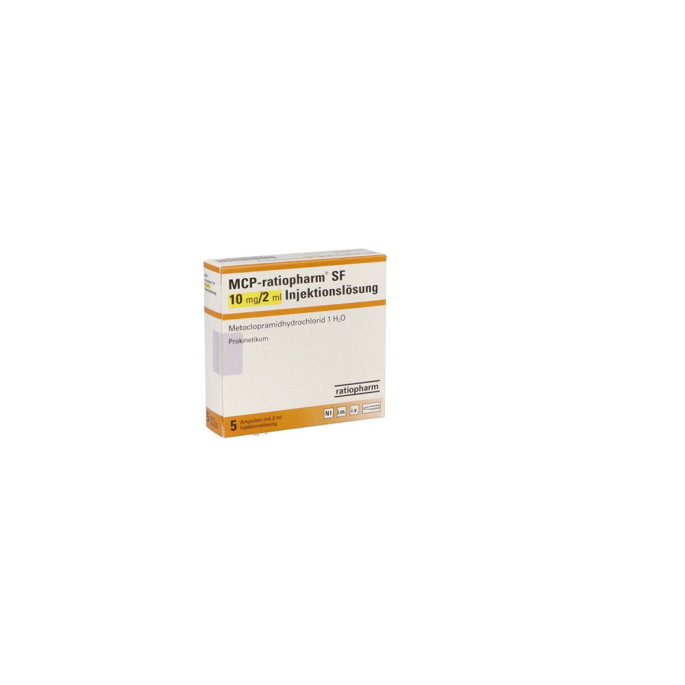 Das Produktfoto zeigt Mcp-Ratiopharm Sf 10 Mg/2 Ml Inj.-Lsg.Ampullen (5 stk) PZN 00509407