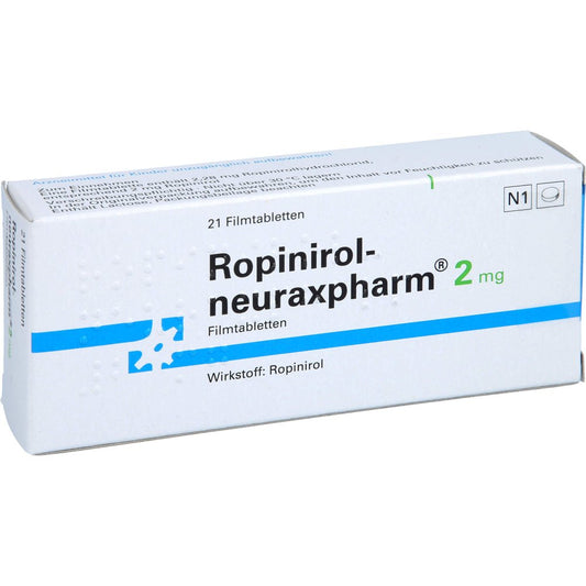 Das Produktfoto zeigt Ropinirol-Neuraxpharm 2 Mg Filmtabletten (21 stk) PZN 00513716