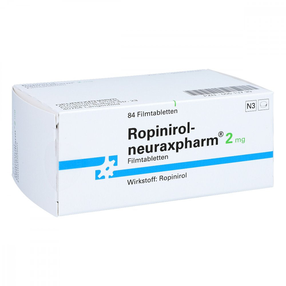 Das Produktfoto zeigt Ropinirol-Neuraxpharm 2 Mg Filmtabletten (84 stk) PZN 00513739