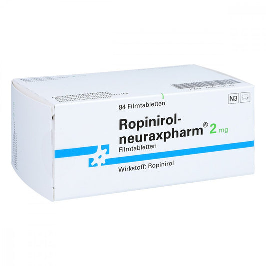Das Produktfoto zeigt Ropinirol-Neuraxpharm 2 Mg Filmtabletten (84 stk) PZN 00513739