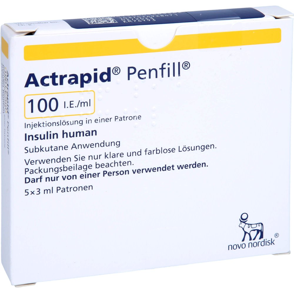 Das Produktfoto zeigt Actrapid Penfill 100 I.E./Ml Inj.-Lsg.I.Patrone (5X3 ml) PZN 00536338
