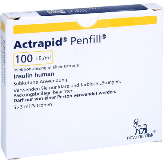 Das Produktfoto zeigt Actrapid Penfill 100 I.E./Ml Inj.-Lsg.I.Patrone (5X3 ml) PZN 00536338