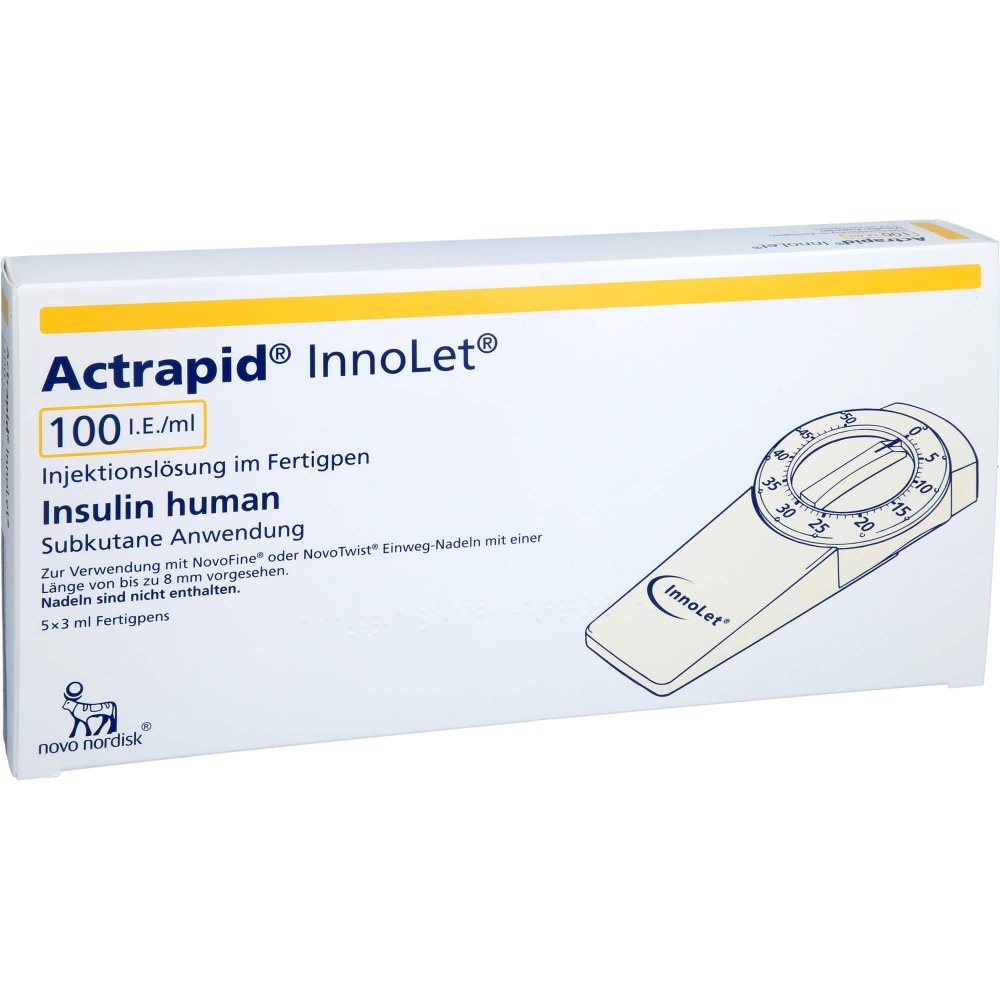 Das Produktfoto zeigt Actrapid Innolet 100 I.E./Ml Inj.-Lsg.I.Fertigpen (5X3 ml) PZN 00536692