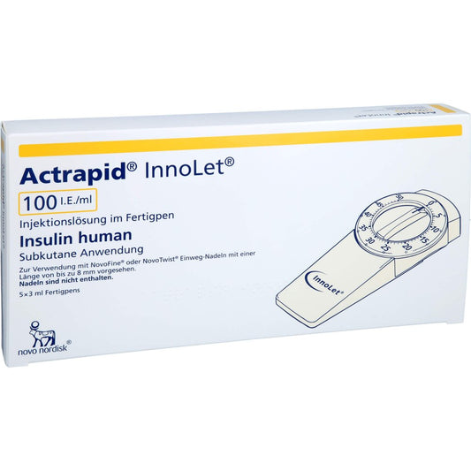 Das Produktfoto zeigt Actrapid Innolet 100 I.E./Ml Inj.-Lsg.I.Fertigpen (5X3 ml) PZN 00536692