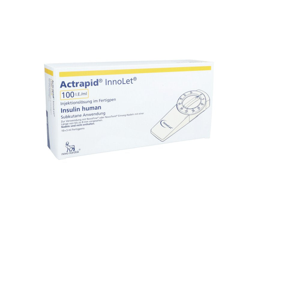 Das Produktfoto zeigt Actrapid Innolet 100 I.E./Ml Inj.-Lsg.I.Fertigpen (10X3 ml) PZN 00536700