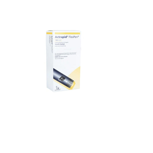 Das Produktfoto zeigt Actrapid Flexpen 100 I.E./Ml Inj.-Lsg.I.Fertigpen (10X3 ml) PZN 00536775