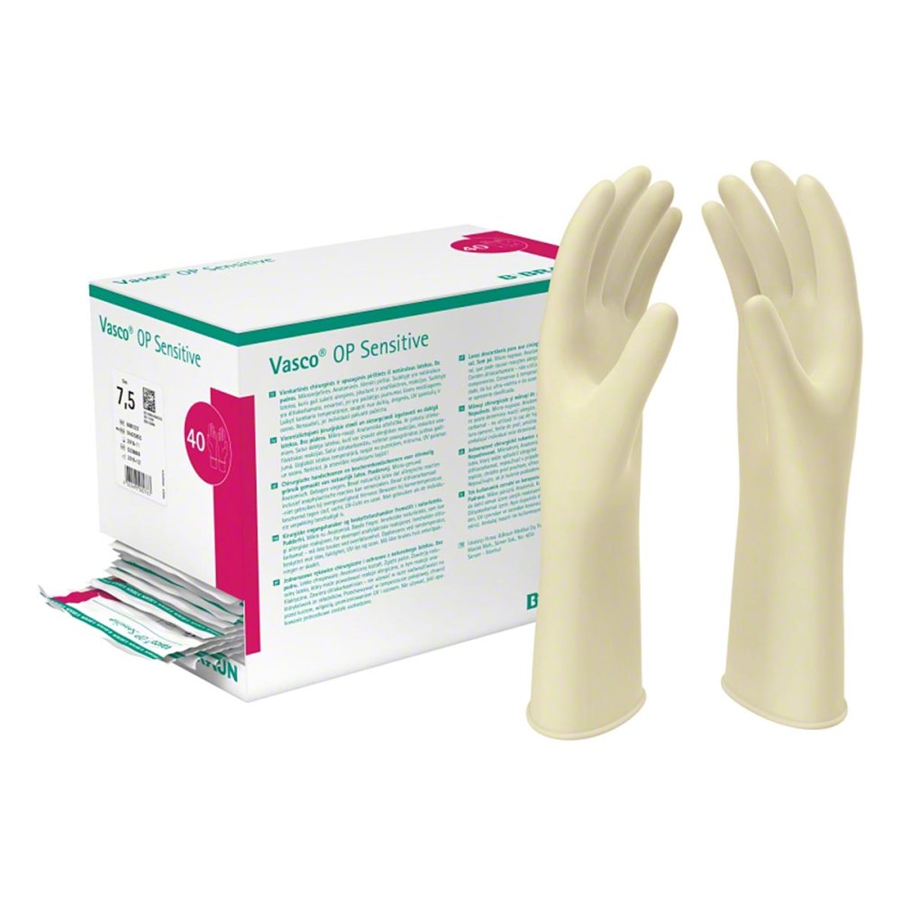 Das Produktfoto zeigt Vasco Op Sensitive Handsch.Steril Puderfrei Gr.9 (2 stk) PZN 00539555
