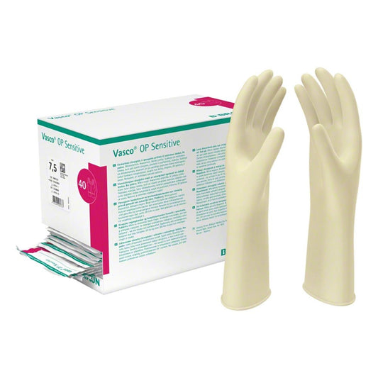 Das Produktfoto zeigt Vasco Op Sensitive Handsch.Steril Puderfrei Gr.9 (2 stk) PZN 00539555