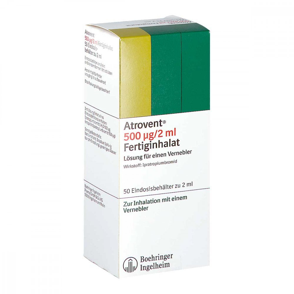 Das Produktfoto zeigt Atrovent 500 Μg/2 Ml Fert.Inhal.Eindosisbehält. (50X2 ml) PZN 00539928