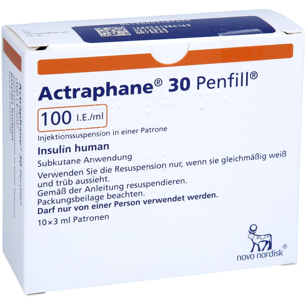 Das Produktfoto zeigt Actraphane 30 Penfill 100 I.E./Ml Zylinderampullen (10X3 ml) PZN 00540765