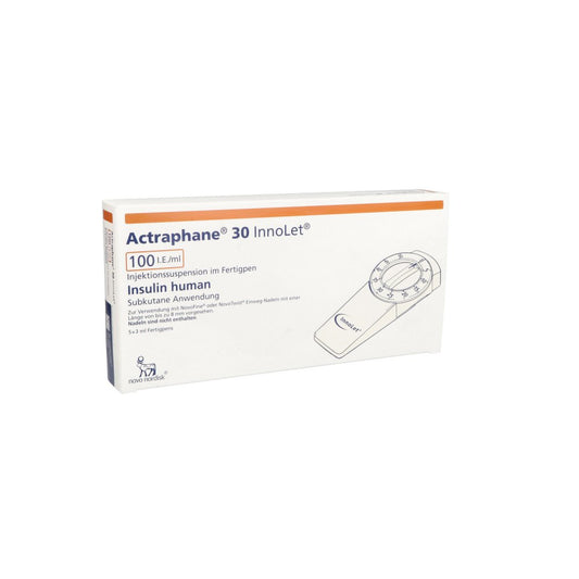 Das Produktfoto zeigt Actraphane 30 Innolet 100 I.E./Ml Injektionssusp. (5X3 ml) PZN 00541463