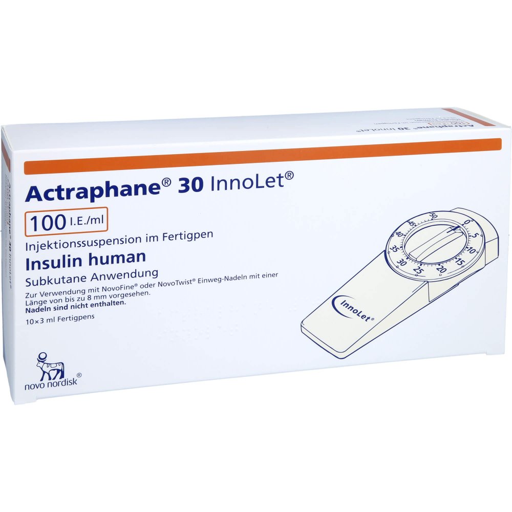 Das Produktfoto zeigt Actraphane 30 Innolet 100 I.E./Ml Injektionssusp. (10X3 ml) PZN 00541486