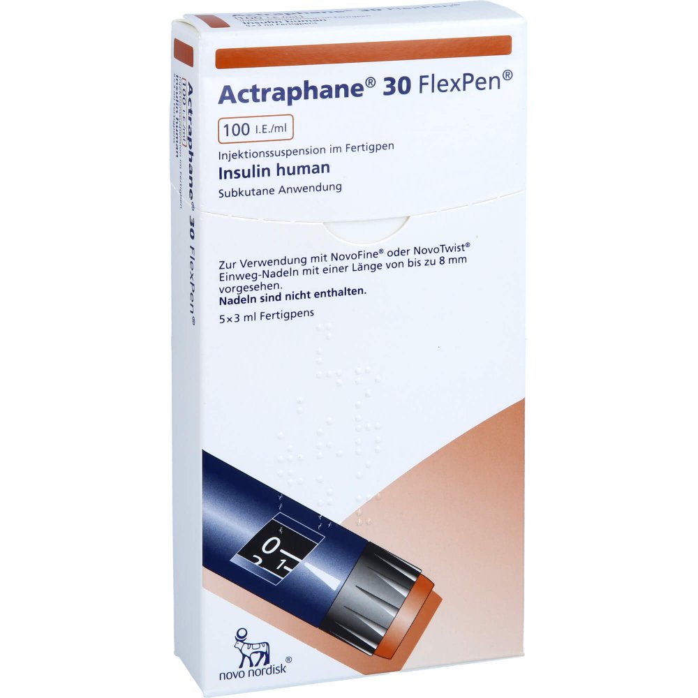 Das Produktfoto zeigt Actraphane 30 Flexpen 100 I.E./Ml Injektionssusp. (5X3 ml) PZN 00541581