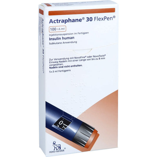 Das Produktfoto zeigt Actraphane 30 Flexpen 100 I.E./Ml Injektionssusp. (5X3 ml) PZN 00541581