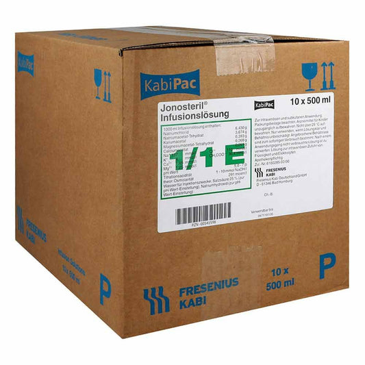 Das Produktfoto zeigt Jonosteril Plastik Infusionslösung (10X500 ml) PZN 00541598