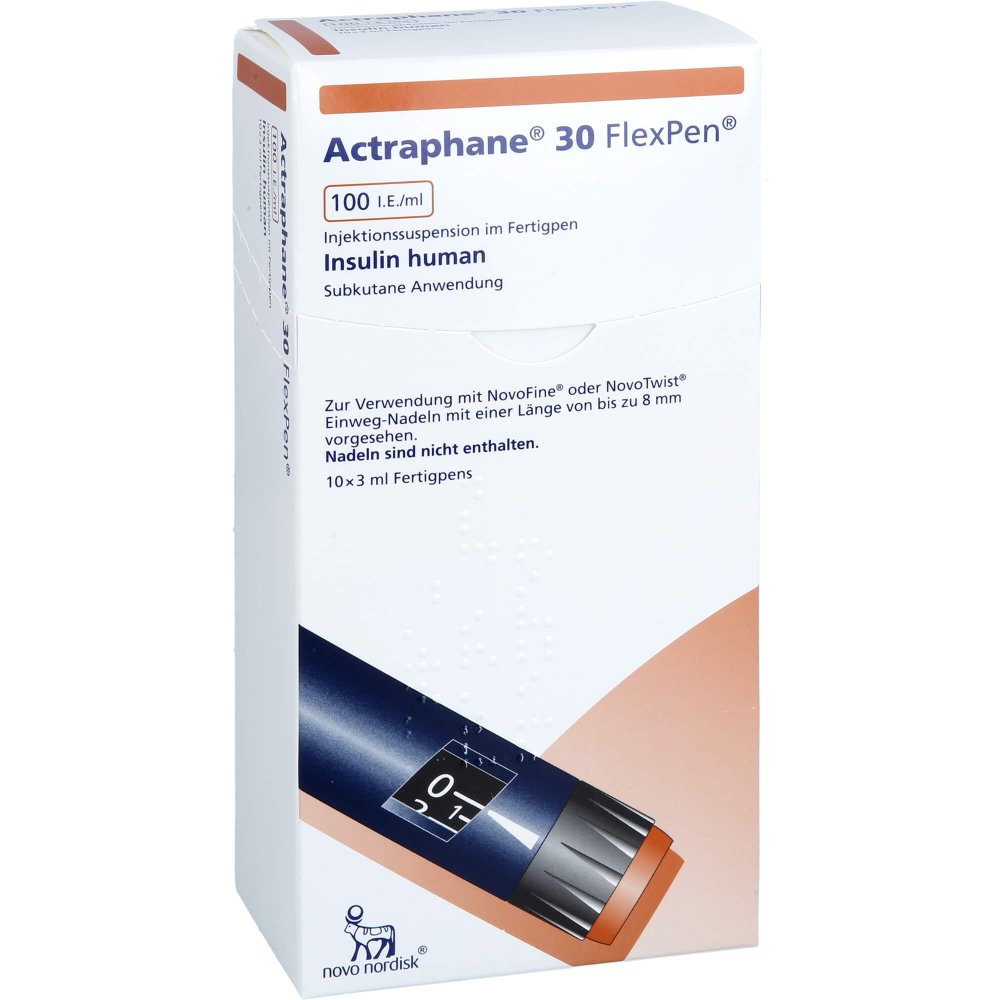 Das Produktfoto zeigt Actraphane 30 Flexpen 100 I.E./Ml Injektionssusp. (10X3 ml) PZN 00541629