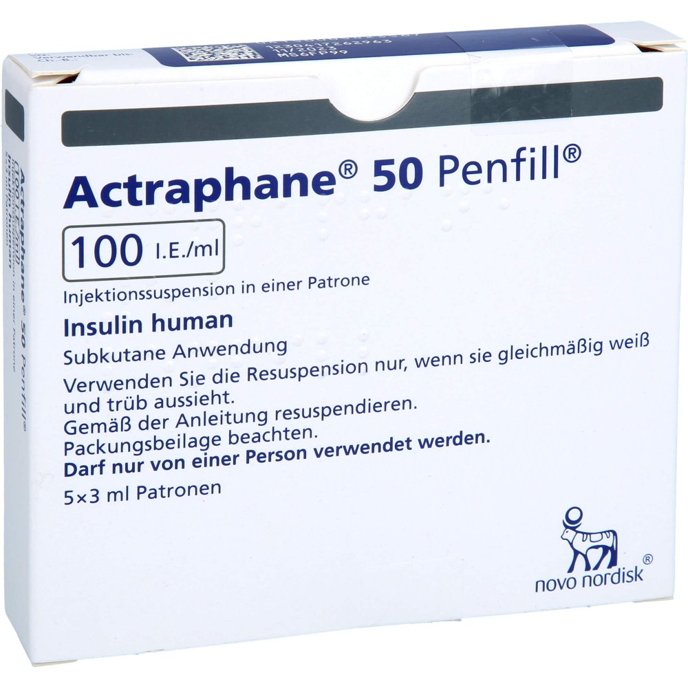 Das Produktfoto zeigt Actraphane 50 Penfill 100 I.E./Ml Zylinderampullen (5X3 ml) PZN 00542356