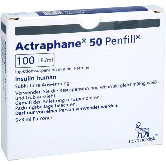 Das Produktfoto zeigt Actraphane 50 Penfill 100 I.E./Ml Zylinderampullen (5X3 ml) PZN 00542356
