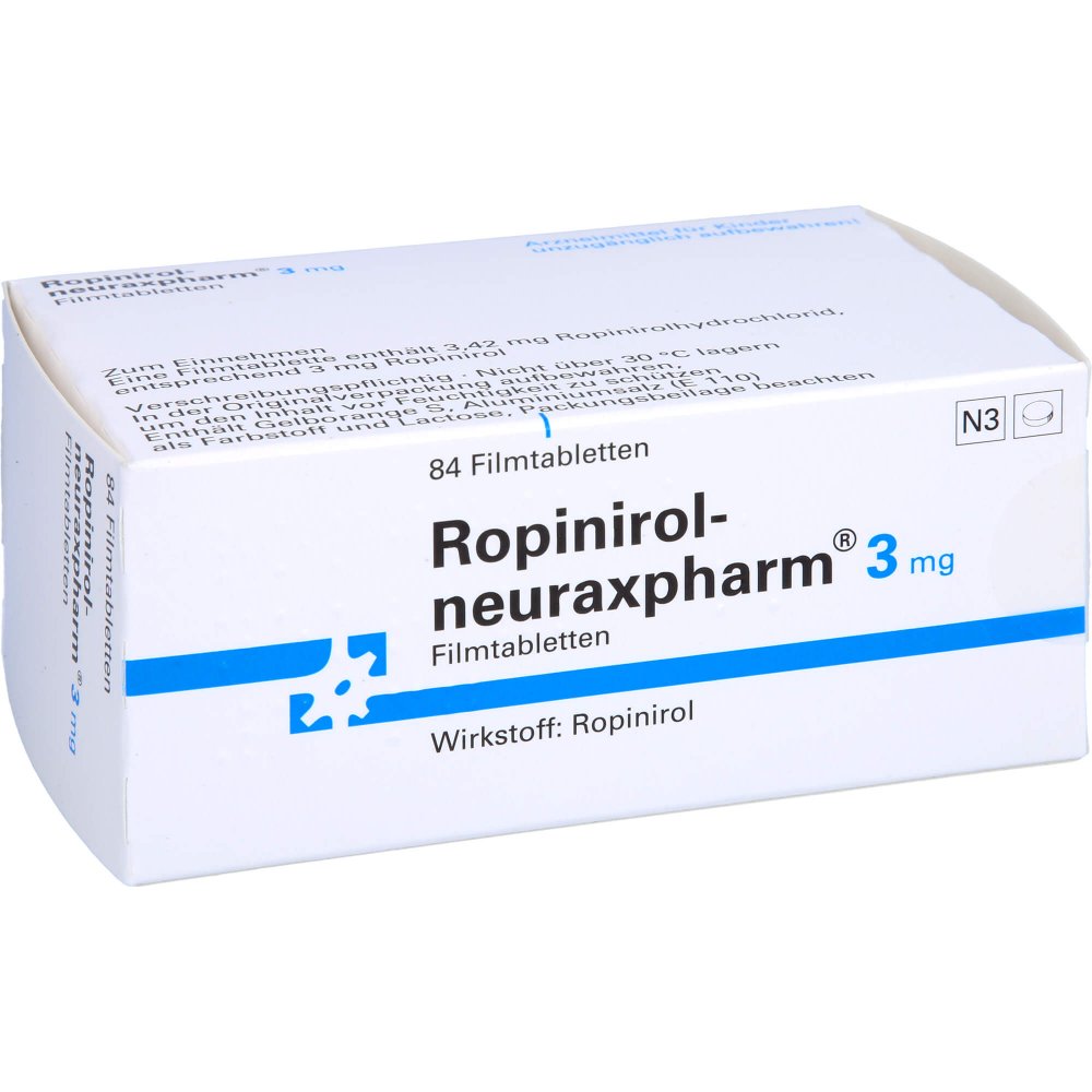Das Produktfoto zeigt Ropinirol-Neuraxpharm 3 Mg Filmtabletten (84 stk) PZN 00542646