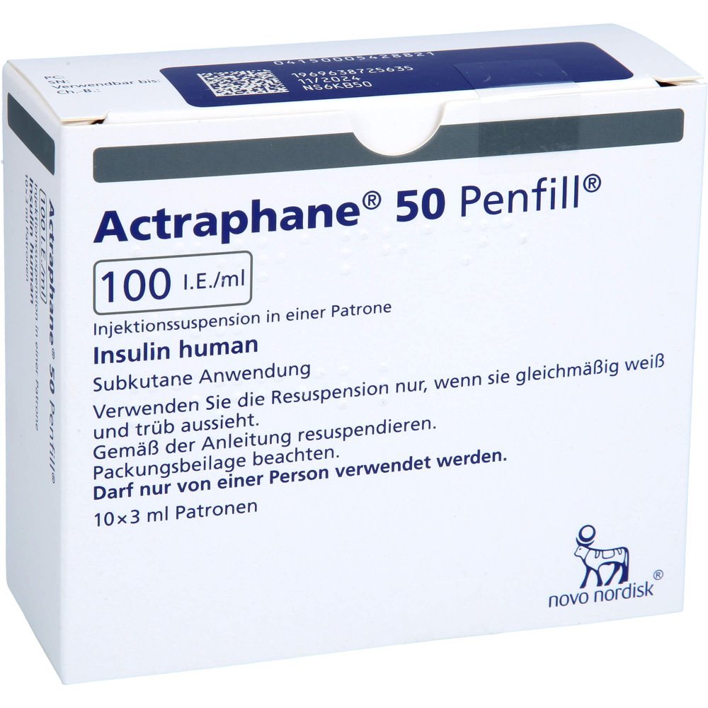 Das Produktfoto zeigt Actraphane 50 Penfill 100 I.E./Ml Zylinderampullen (10X3 ml) PZN 00542882